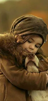 Child warmly hugs dog against rustic background.