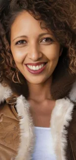 Person smiling in a brown jacket, exuding warmth.