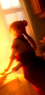 Anime character in warm kitchen setting with fiery light.