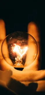 Light bulb in a hand with warm orange glow and dark background.