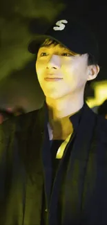 Person smiling warmly in ambient night lighting.