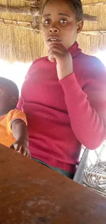 Mother and child in a warm, rustic setting under a thatched roof.