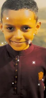 Young boy in burgundy outfit smiling warmly in golden sunlight.