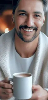 Warm smile with coffee in cozy setting.