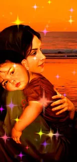 Mother and child embraced on a beach at sunset with sparkles.