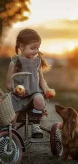 Young girl on tricycle with dog at sunset.