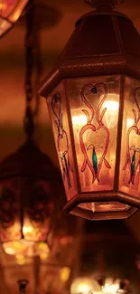 Vintage lanterns casting a warm glow.