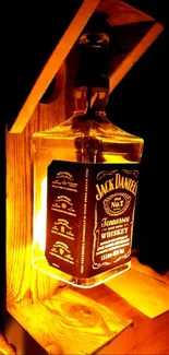 Warm whiskey bottle lamp glowing with a golden hue.