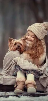 Child with dog in cozy winter setting.