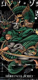 Warrior in green with dragon, vivid design on black.