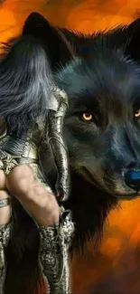 Armored warrior with a wolf in fantasy orange setting.