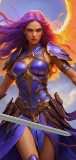 Fantasy warrior angel in purple armor with golden wings.