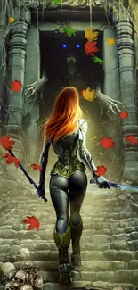 Female warrior enters a mystical, ancient portal with autumn leaves floating around.