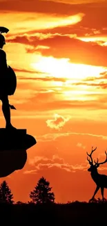 Warrior standing on a cliff at sunset with a deer nearby.