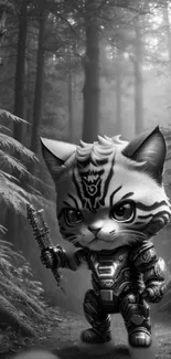 Futuristic warrior cat in a mystical black and white forest setting.