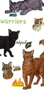 Wallpaper featuring popular Warrior Cats characters in a colorful collage.