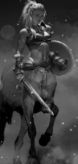 Grayscale fantasy art of a warrior centaur with sword and shield.