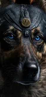 Majestic warrior dog with blue eyes wearing detailed protective armor.