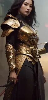 Elegant warrior in gold armor, wielding a sword against a misty backdrop.