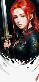 Red-haired warrior in black armor with sword in fantasy art style.