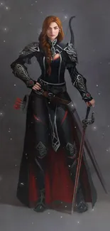 Fantasy warrior woman in dark armor with a sword.