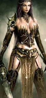 Dark themed fantasy warrior woman in armor for mobile wallpaper.