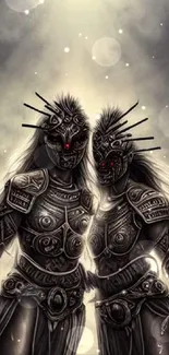 Fantasy art of two armored warriors with mystical lighting.