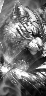 Fierce warrior cat in black and white armor holding a sword, perfect for fantasy lovers.