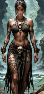 Warrior goddess stands in mystical forest landscape.