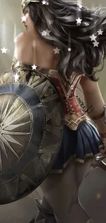 Warrior goddess with shield and sword, dark hair flowing.