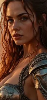 A fierce warrior woman in detailed armor under a sunset sky.