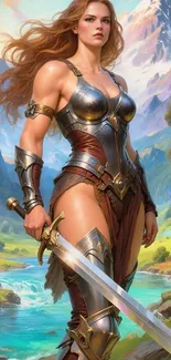 Female warrior stands in vibrant, enchanted valley.