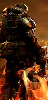 Armored warrior in a fiery apocalypse scene, perfect for action fans.