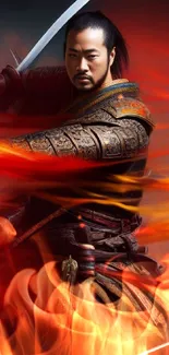 Fierce warrior in armor with swirling flames, holding a sword.