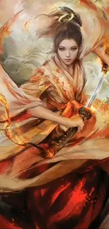 Fantasy art of a warrior in a fiery robe wielding a katana.