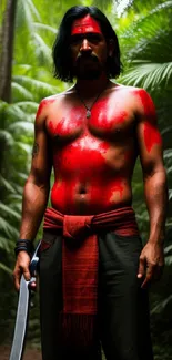 Warrior with red tribal paint stands in a lush jungle setting.