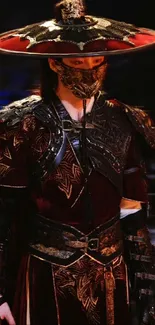 Warrior in intricate armor with a dark red theme.