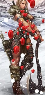 Warrior woman with axe in snowy mountains, showcasing strength and determination.