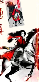 Warrior in red riding a horse with dynamic artwork style.