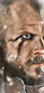 Realistic warrior portrait with intense eyes and beard.