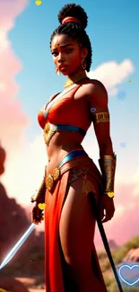 Artistic depiction of a warrior princess in a vibrant desert setting.