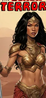 Fantasy warrior princess in golden armor.