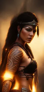 Warrior princess with golden aura and tattoos in ethereal setting.