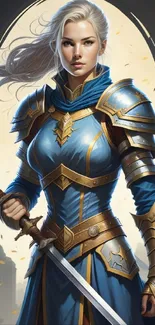 A fierce warrior princess in blue armor holding a sword, with a dramatic backdrop.