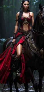 Warrior princess in a red dress rides a horse in a mystical forest scene.