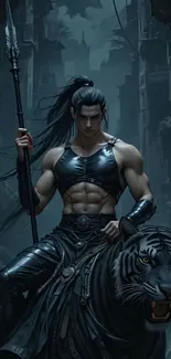 Fantasy warrior on tiger in urban setting.