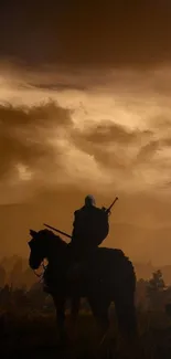 Warrior silhouette on horseback at sunset landscape.