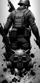 Black and white art of a soldier with weapons and a skull design.