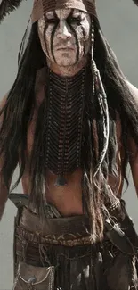 Tribal warrior with traditional attire and facial paint in earthy tones.