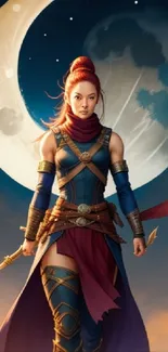 Fantasy warrior stands under crescent moon with sword and flowing cape.